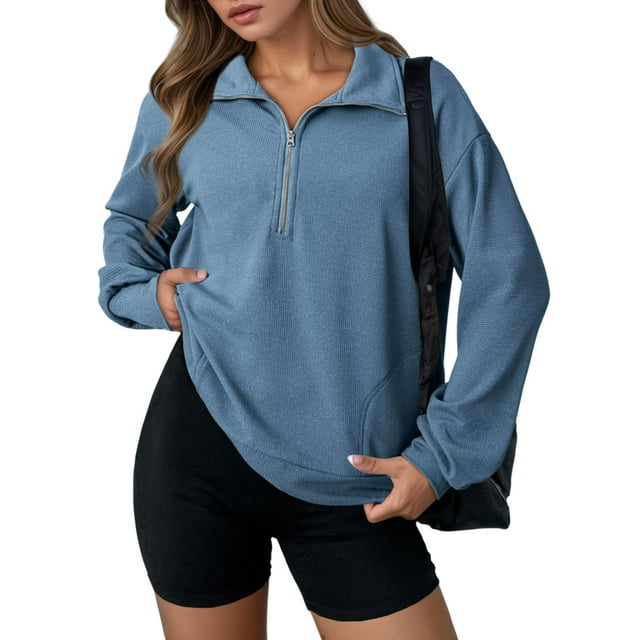 Sudadera Dokotoo para mujer de punto gofrado con media cremallera, azul oscuro