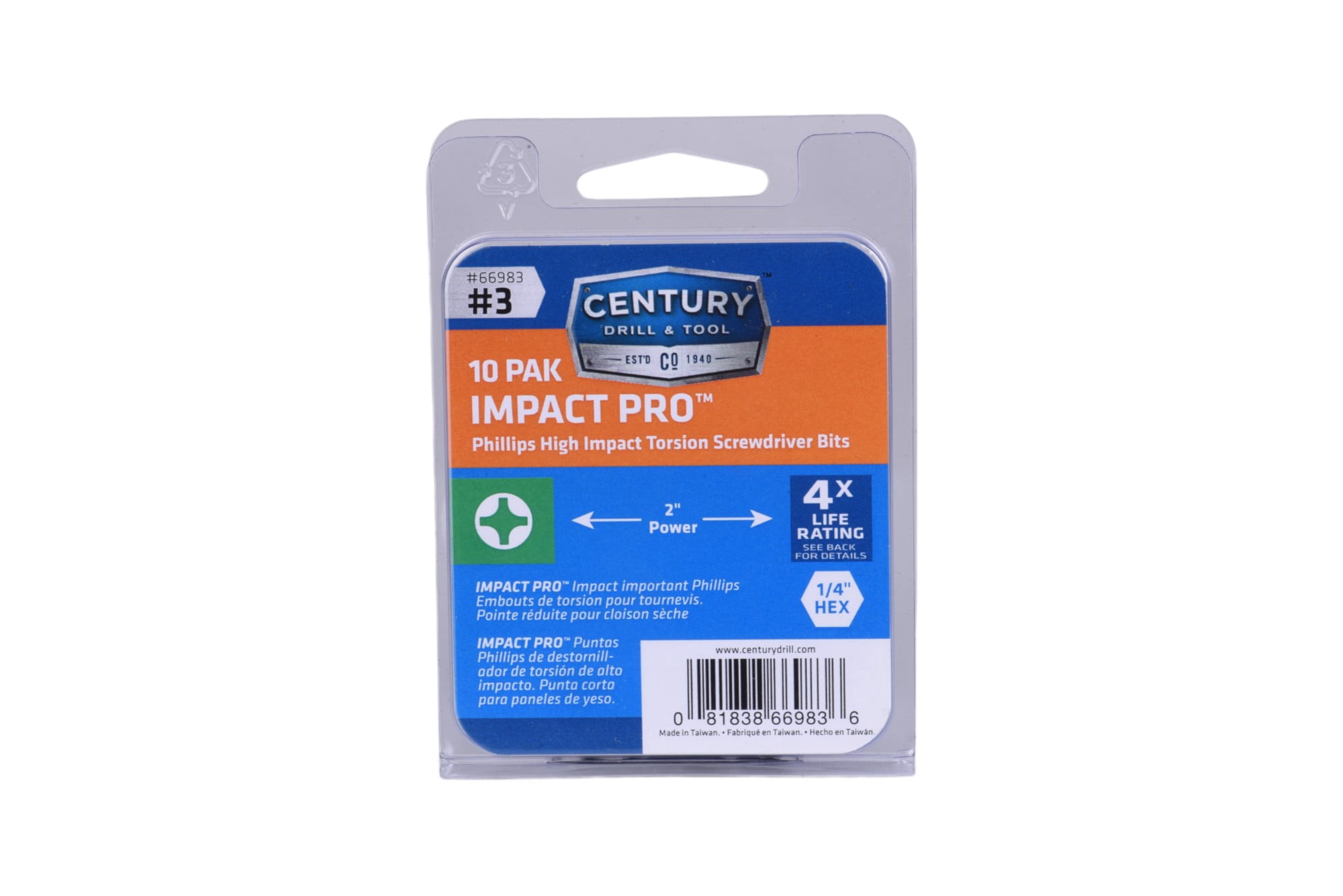 Century Drill & Tool 66983 Impact Screwdriver Bit #3 Phillips, 2", 10 Pack
