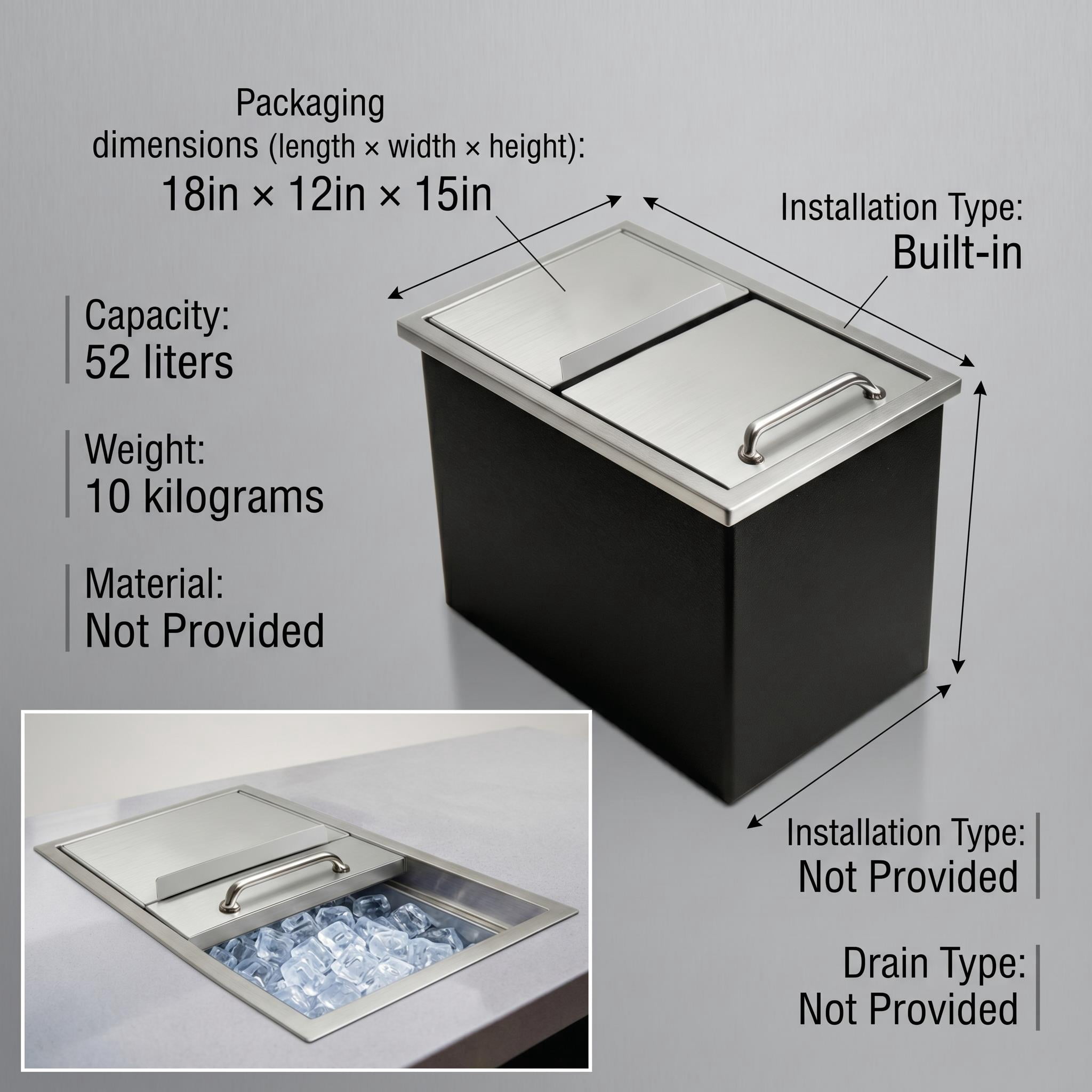 Built-in Beverage Tub, Outdoor Kitchen Ice Cooler, Insulated Ice Chest, 52l Stainless Steel With Drain 18in×12in×15in for Patio Bar, Backyard BBQ