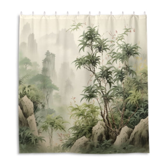 Green Banana Tree Ink Painting Shower Curtain Liner 66x72 Inch Waterproof Shower Curtains Decorative Bathroom with 12 Pack Hooks