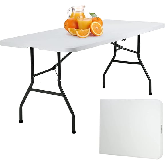 PayLessHere 6FT Folding Picnic Table for Outdoor, Fold-in-Half Plastic Dining with Carrying Handle,White