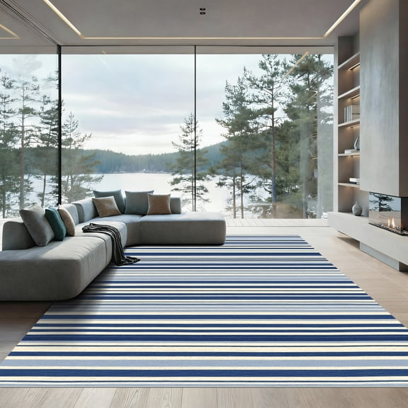 ODIKA 4'x6' Machine Washable Non-Slip Area Rug, Modern Navy Blue High Traffic Rug, Blue, 1093601