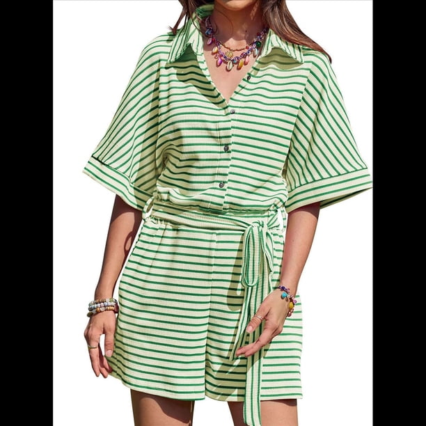 Mono Corto Informal de Verano A Rayas para Mujer, de Corta, con Botones y Cinturón, con Cintura Elástica. Verde XL