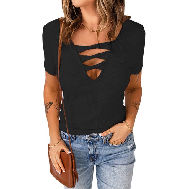 Camiseta con cuello en V para mujer, camiseta de manga corta con escote en V para mujer, camiseta informal de verano, materiales ecológicos