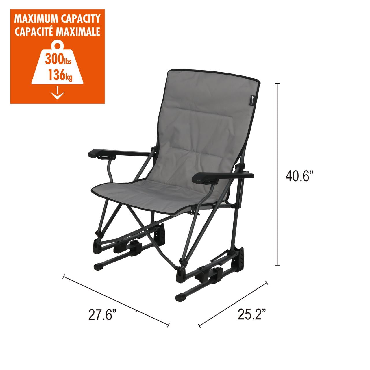 Ozark Trail Quad Bounce Chair, Rocking Motion, Grey, Polyester Fabric