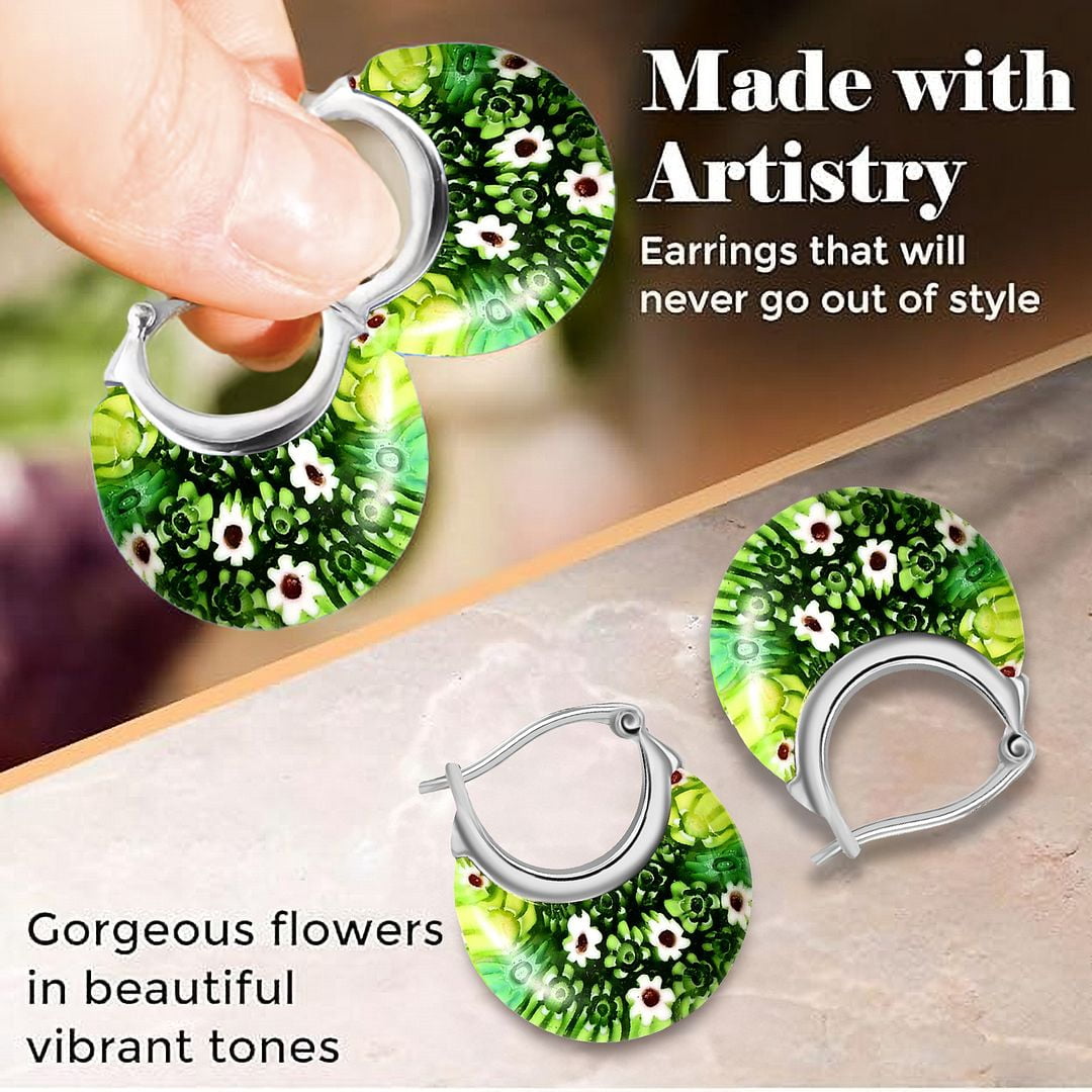 Green Murano Style Millefiori Glass Hoop Earrings for Women Daisy Flower Stainless Steel Jewelry Ct. 30 Birthday Christmas Gifts