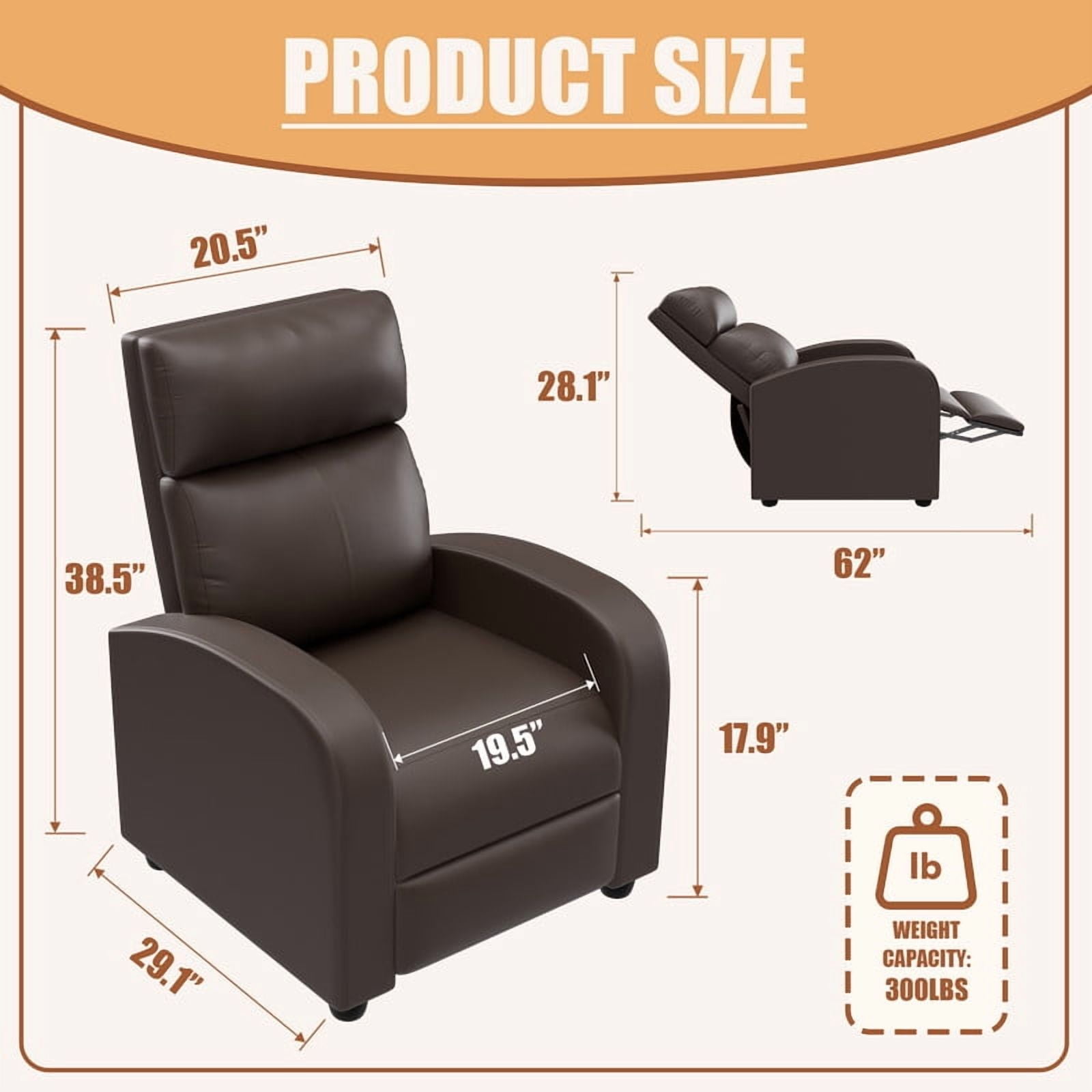 Furmax Recliner Chair Pu Leather Single Sofa Home Theater Recliners with 2 Point Massage Function for Living Room,PU Brown