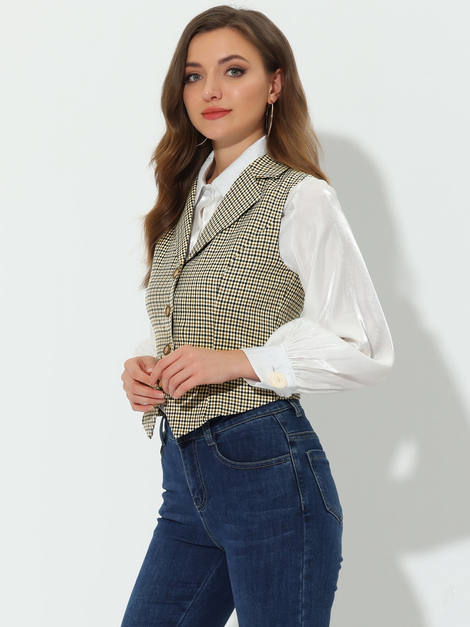 DARING DIVA Women's Plaid Waistcoat Notched Lapel Collar Vintage Vest 2XL Brown