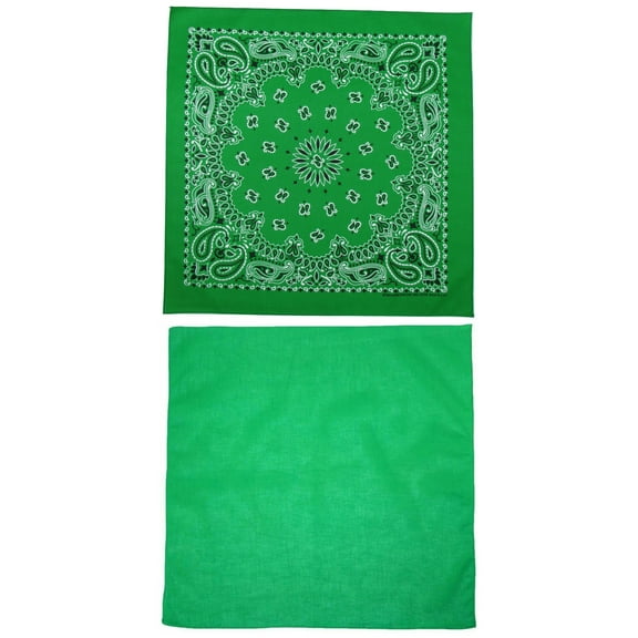 Traditional Paisley and Solid Color Double Sided Green Bandanas USA Made (Pack of 2)