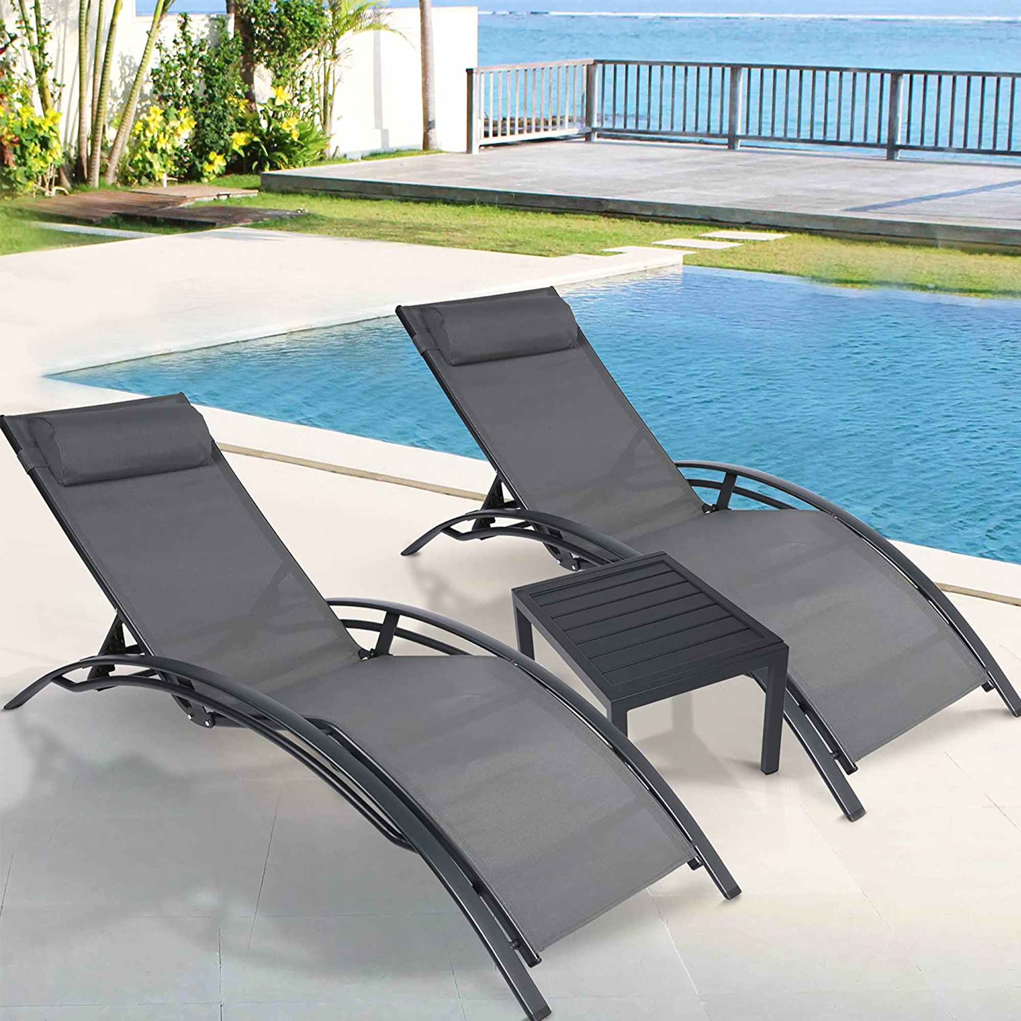 KARMAS PRODUCT Chaise Lounge Aluminum Chair Set of 2 w/Tea Table, Patio Lounge Chair Reclining 4 Adjustable Back Position w/Removable Cushions for Outdoor Beach Pool Backyard Garden Lawn,Gray - image 2 of 7