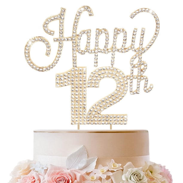 Lingteer Decoración Para Tarta Con Diamantes De Imitación Dorados De Feliz Cumpleaños Número 12 Saludos Al 12.º Cumpleaños Centros De Mesa Para Tartas De Fiesta De Doce Años Decoración Decorativa Letr