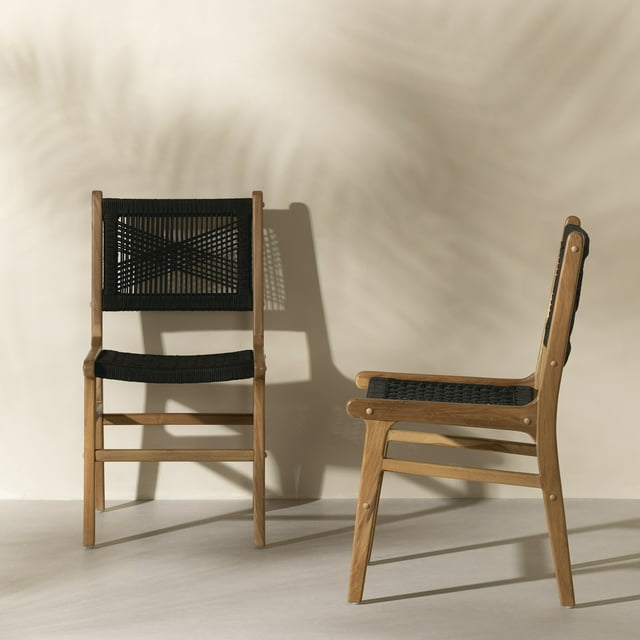 South Shore Agave Woven Rope and Teak Dining Chair, Set of 2, in Black and Natural