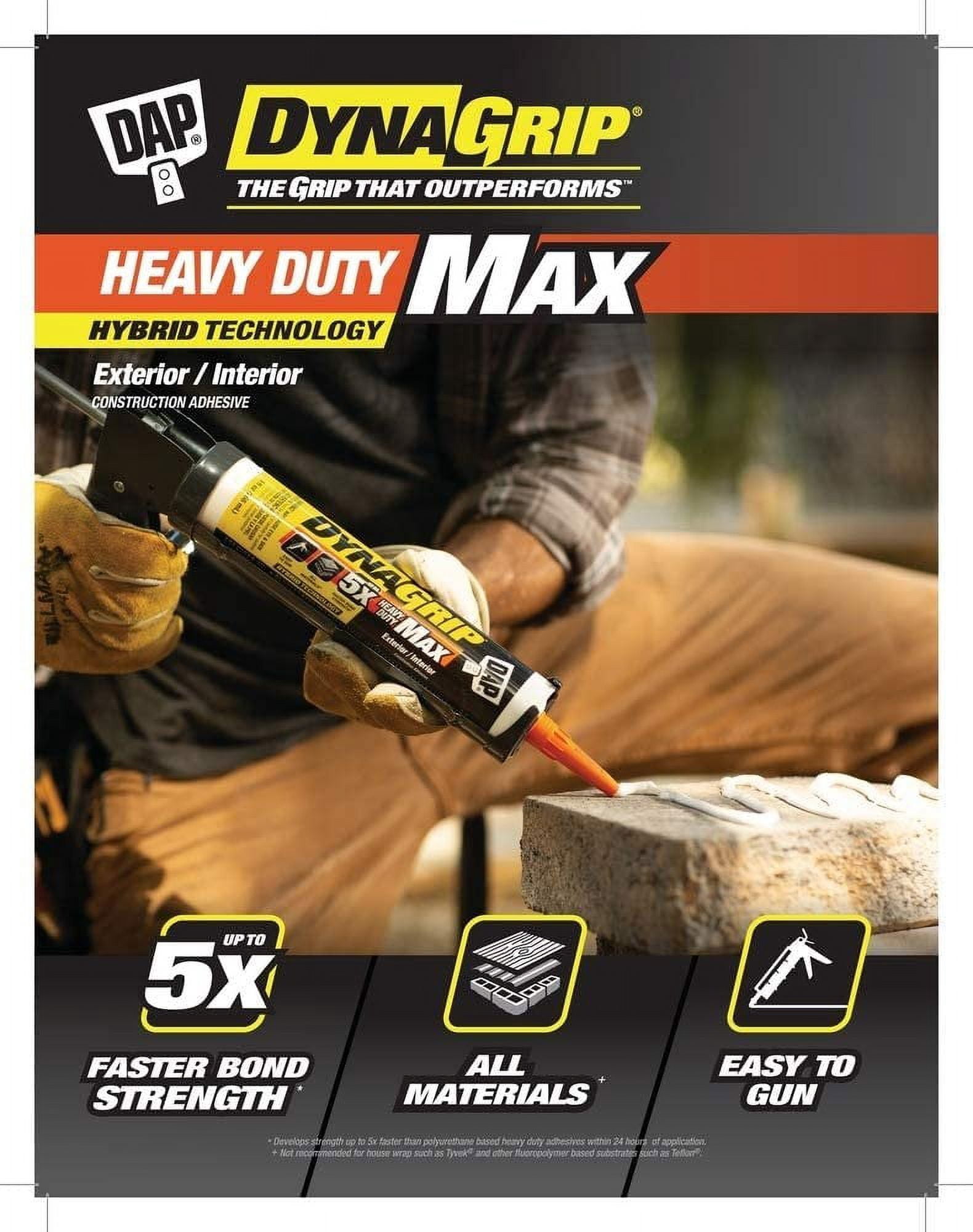 12-pack DAP Dynagrip Heavy Duty Max - Polyurethane Construction Adhesive - 12 Pack, 9 Oz, White — Exterior Wood Surfaces, UV-Resistant Formula
