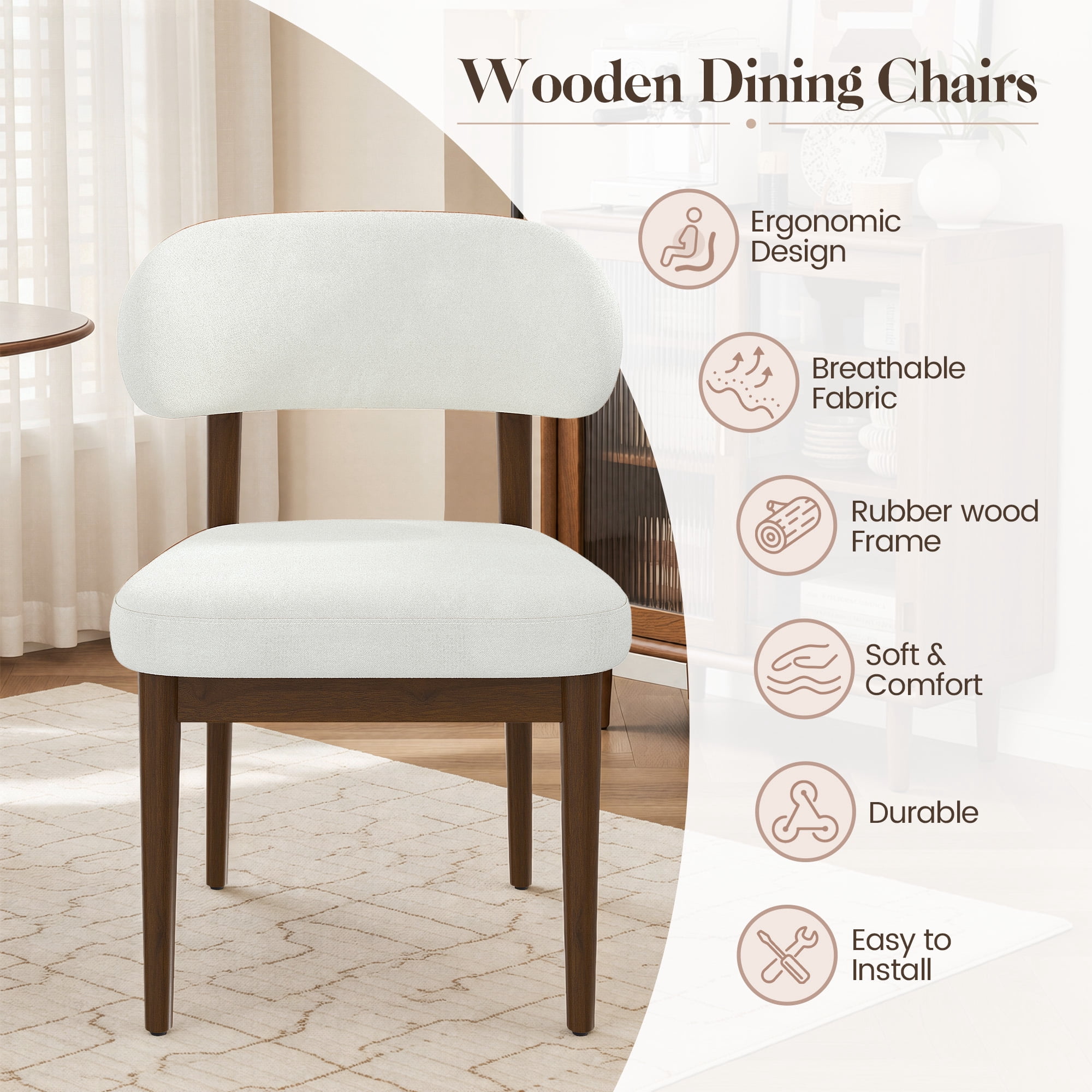 MOONMISS Dining Chair Set of 2,Upholstered Wooden Dining Chairs with Curved Back,Chenille Kitchen Side Chairs,White
