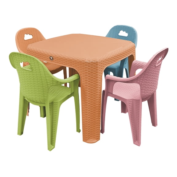 Mesa Infantil con 4 Sillas de Colores para Niños Plástico Resistente Comer Dibujar Rattan Nube (Naranja Atardecer)