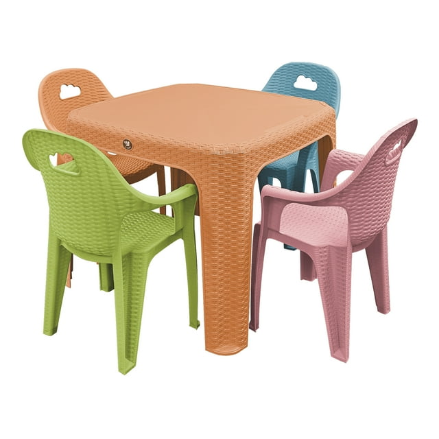 Mesa Infantil con 4 Sillas de Colores para Niños Plástico Resistente Comer Dibujar Rattan Nube (Naranja Atardecer)