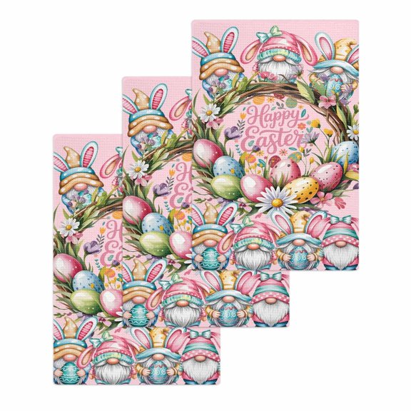 Easter Gnomes Kitchen Dish Towels for Drying Dishes Set of 3, Colorful Eggs Spring Flowers Branches Pink Waffle Weave Microfiber Hand Tea Bathroom Towels Quick Dry & Absorbent Towel 15.7x23.6