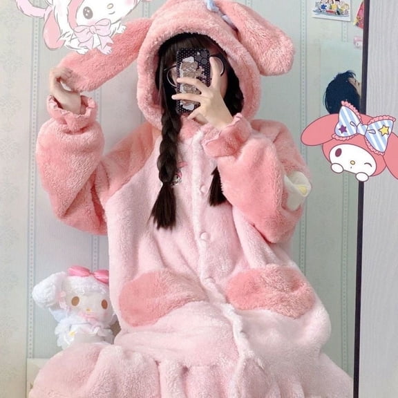 Coral Velvet Cartoon My MLD  CNMR Big-ear Dog Autumn and Winter Pajamas Set Hooded Coral Velvet Thick Warm Robe Home Wear Women