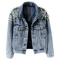 thumbnail image 2 of Women'S Jean Jacket Embroidered Rivet Pearl Short Denim Jacket Coat Blue S, 2 of 7