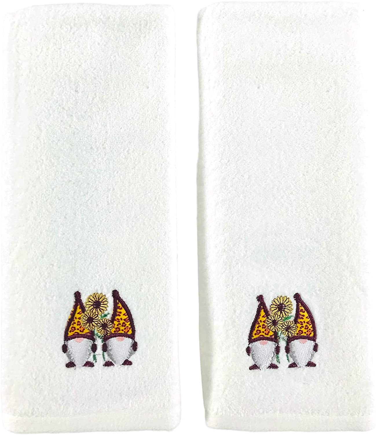 Decorative Fall Harvest Hand Towels: Cute Garden Gnome with Sunflower on Plush Soft Cotton (25' x 16' Inch, White)