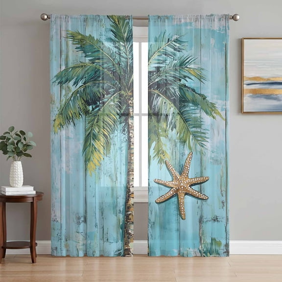 Coastal Blue Green Sheer Curtains 84 Inch Length 2 Panels Set, Ocean Beach Tropical Plant Starfish Voile Window Treatment Rod Pocket Curtains Sheers Drapes for Bedroom/Living Room/Kitchen 52"x84"x2