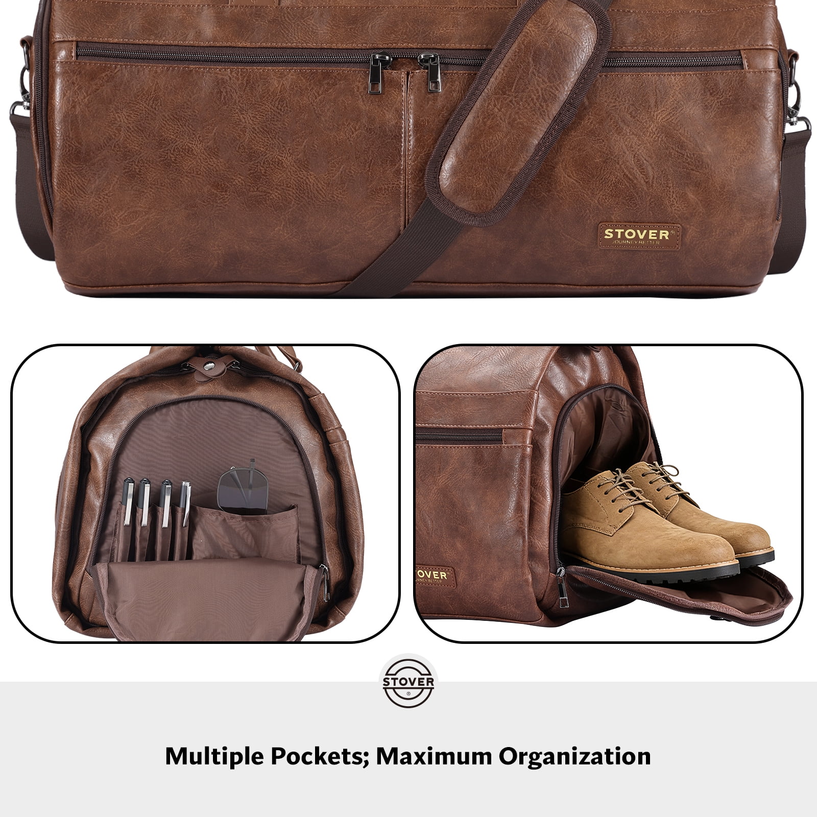 STOVER Garment Travel Duffle Bag, Large 2-in-1 Convertible Carry-on Luggage (Brown Leatherette)