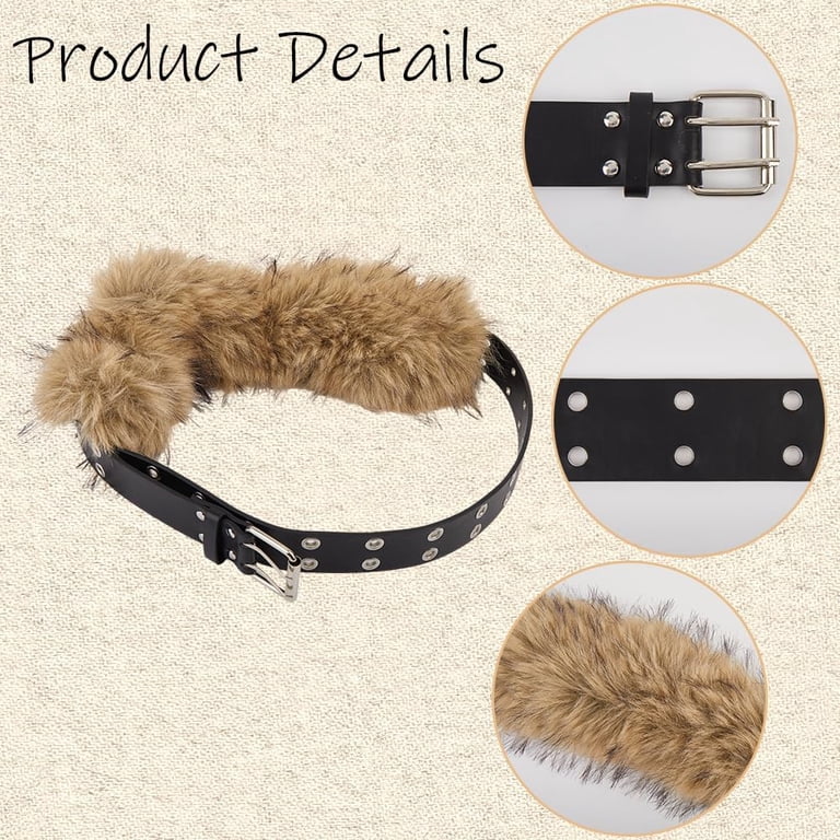 Faux Fur PU Leather Chain Waist Belt Adjustable Wide Chunky Belt Fur PU Leather Waist Belt Brown Fluffy Winter Warm Waistband  main image 4