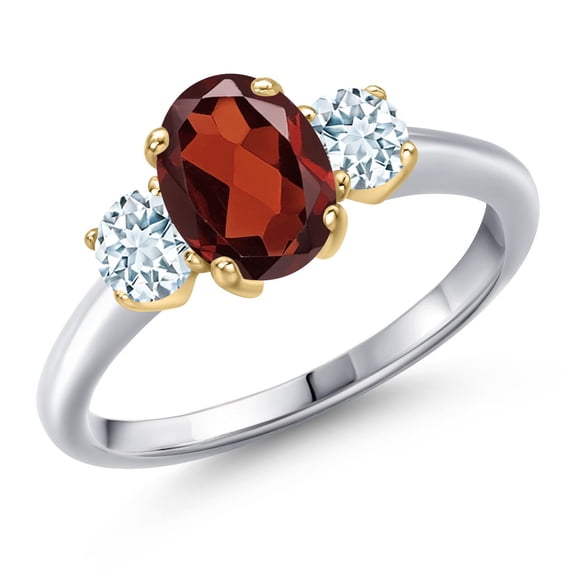 Gem Stone King 925 Silver and 10K Yellow Gold Red Garnet and Sky Blue Aquamarine Engagement Ring for Women | 2.00 Cttw | Oval 8X6MM | Gemstone January Birthstone | Size 6