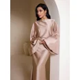 thumbnail image 4 of Coral Pink Satin Long Sleeve Modest Arabic Evening Gown, 4 of 21