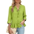thumbnail image 4 of Yrmaups Women Plus Size 3/4 Sleeve Ruffle Blouse, Summer V Neck Button Down Casual Top, Office Daily Wear Soft Flowy Peplum Shirt, Mint Green 3XL, 4 of 6