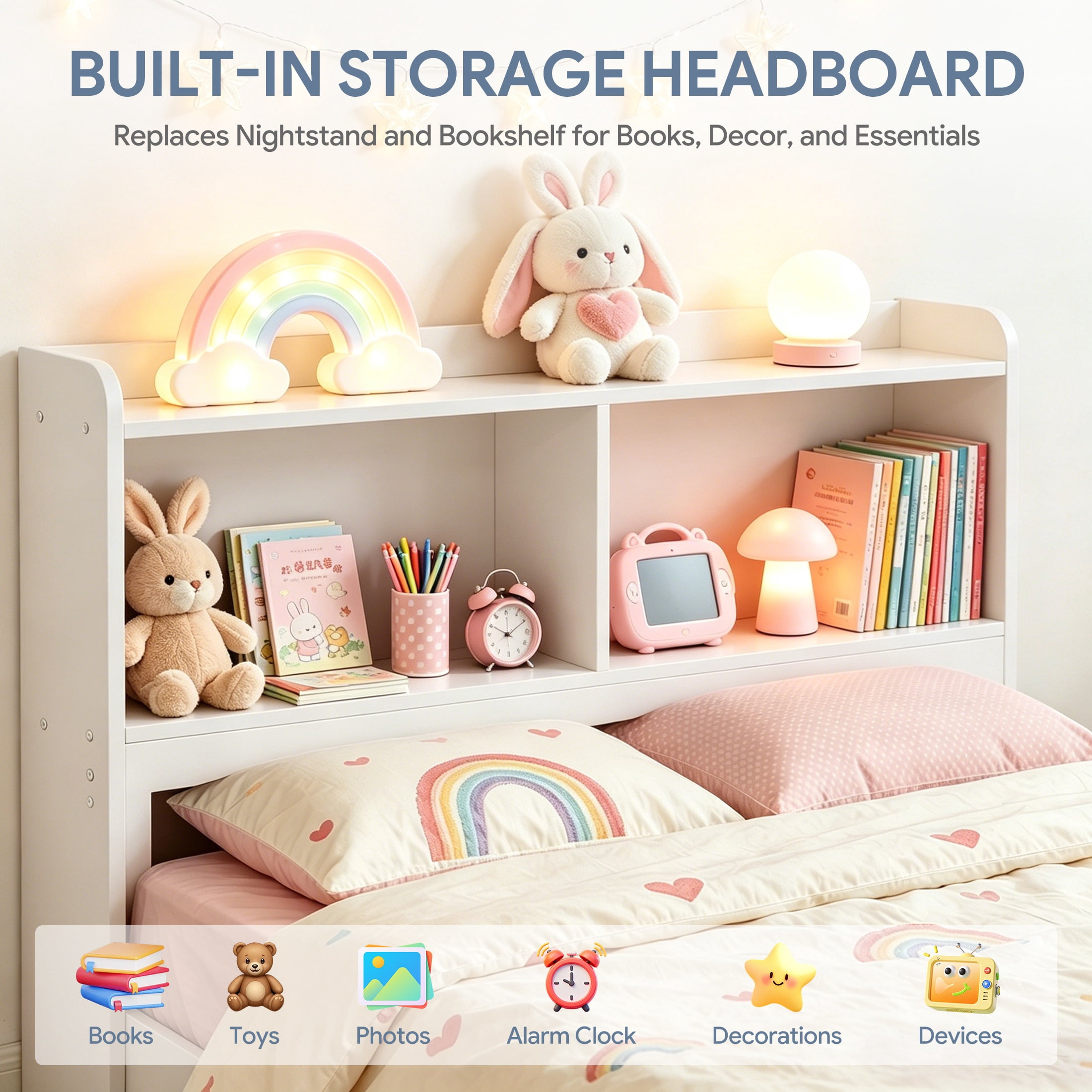 Twin Trundle Bed with Storage Headboard, UHOMEPRO White Trundle Bed Frame for Kids Girls Boys, Twin Bed with Trundle, No Box Spring Needed