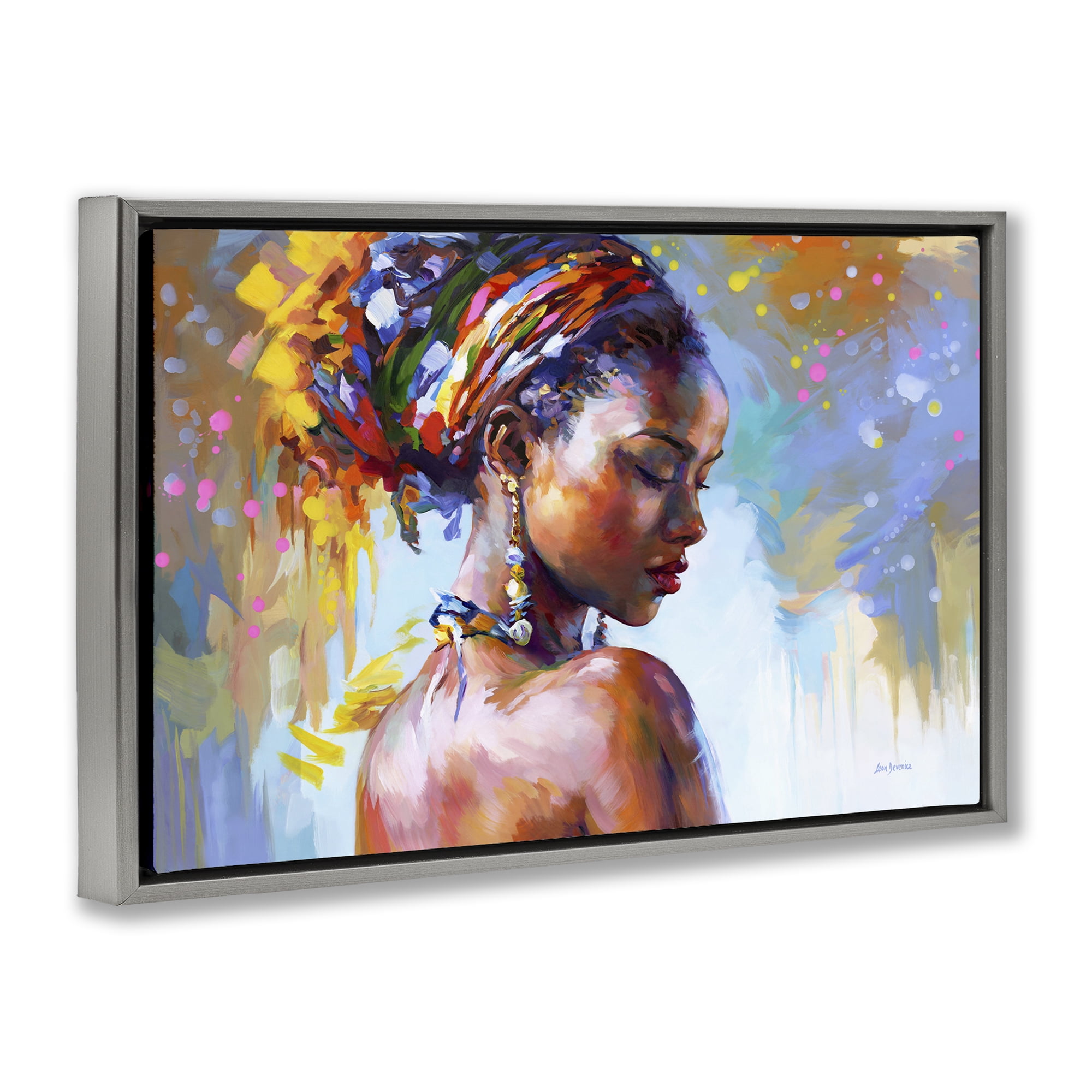 Stupell Industries African Beauty Portrait People Painting Gray Floater Framed Canvas Art Print Wall Art, 25 x 17