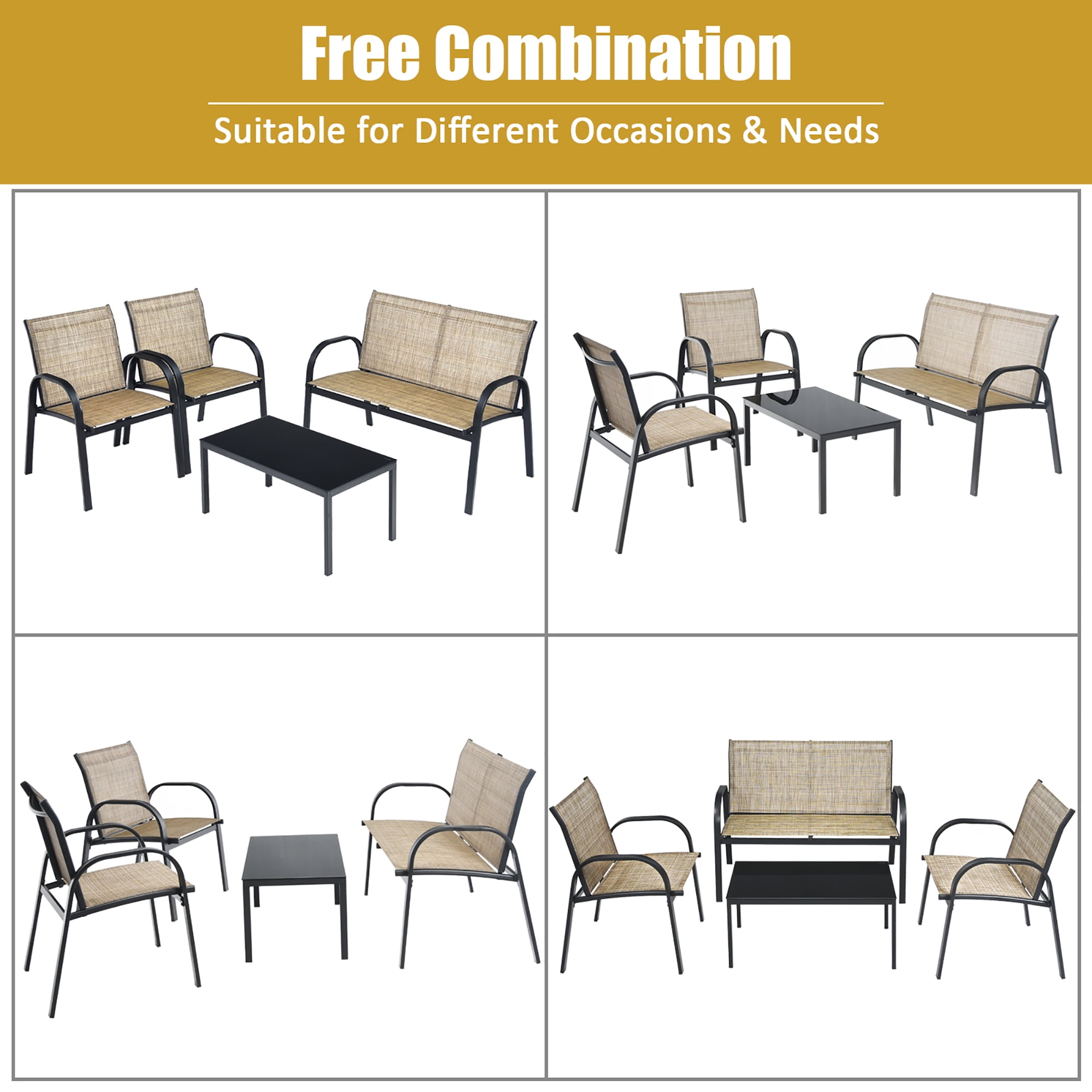 Costway 4 PCS Patio Furniture Set Sofa Coffee Table Steel Frame Garden Brown
