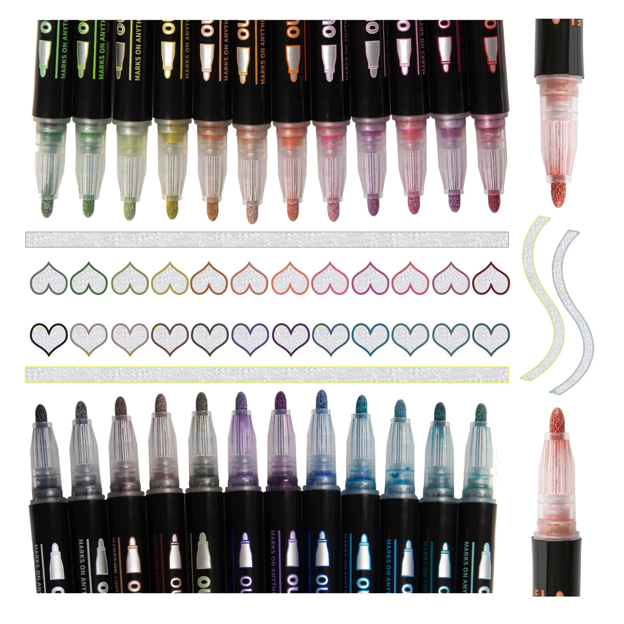 12 Color Double Line Outline Marker Pens, Super Squiggles Outline Pens 3mm Thick Doodle Glitter Markers, Shimmer Colored Pens, Metallic Paint