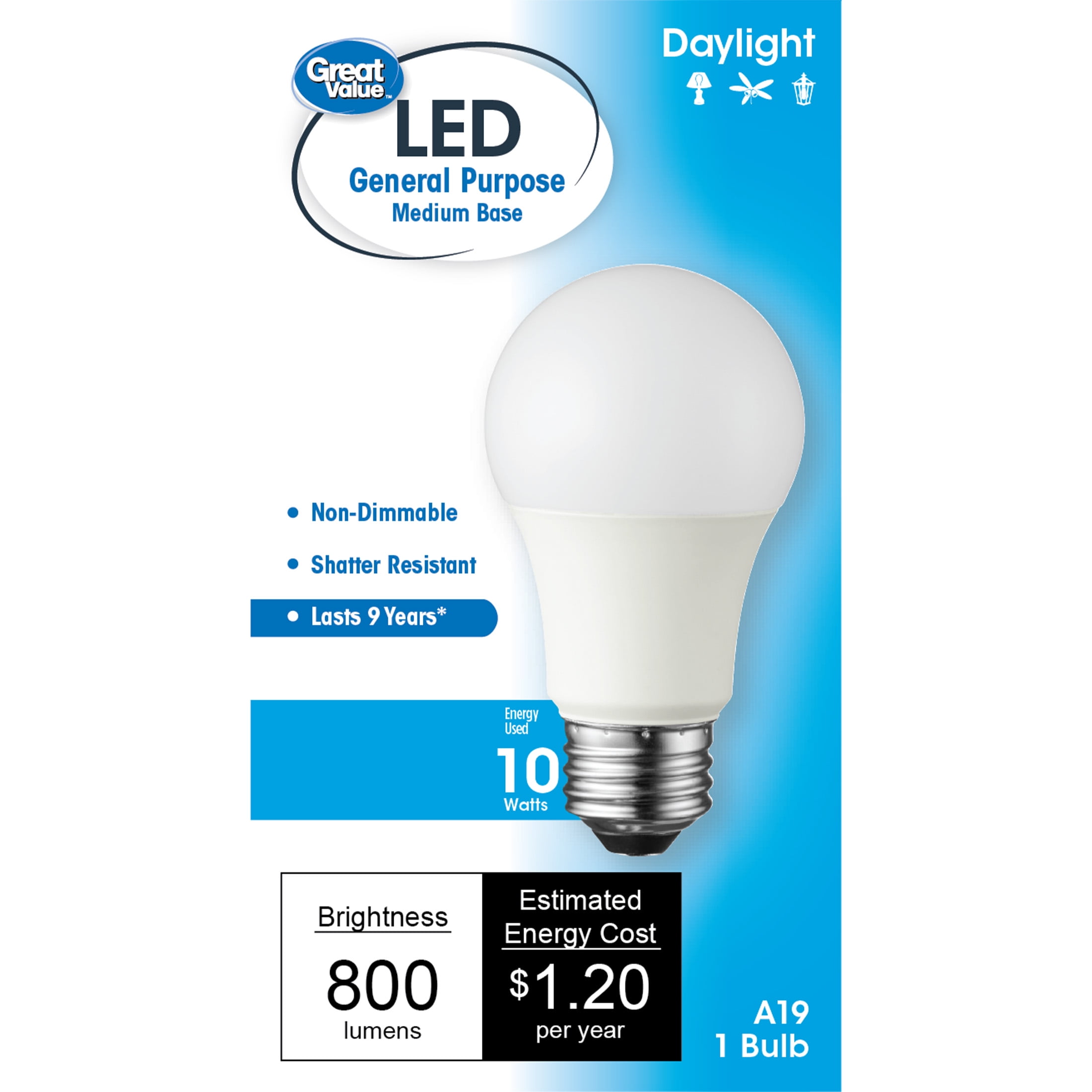 Great Value LED Light Bulb, 10W (60W Equivalent) A19 General Purpose Lamp E26 Medium Base, Non-dimmable, 1-Pack Walmart.com