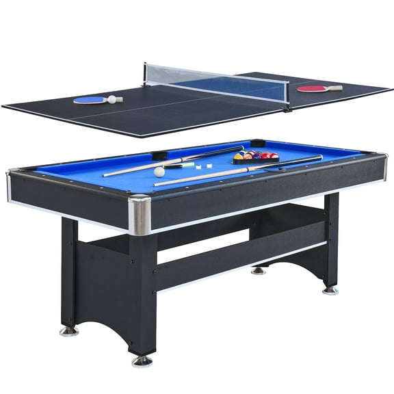 Winter Indoor Game Table: 6-ft Pool & Ping Pong Combo with Blue Cloth Top - Space Saving Design for Parties, Includes 4 Balls & 2 Paddles