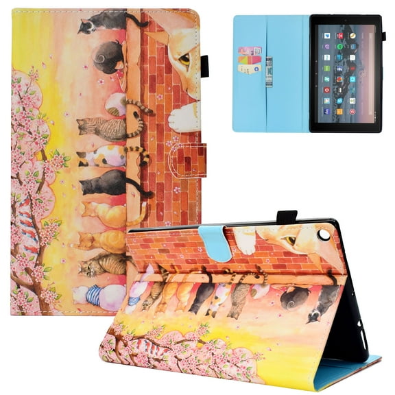 Fire HD 10 Case 2017/2015 for Girls, Allytech Slim Fit Smart Cover w/ Auto Sleep Wake Feature Protective Cards Holder Folio Stand Wallet Case Cover for Amazon Fire HD 10 7th 5th Gen, Cute Cats