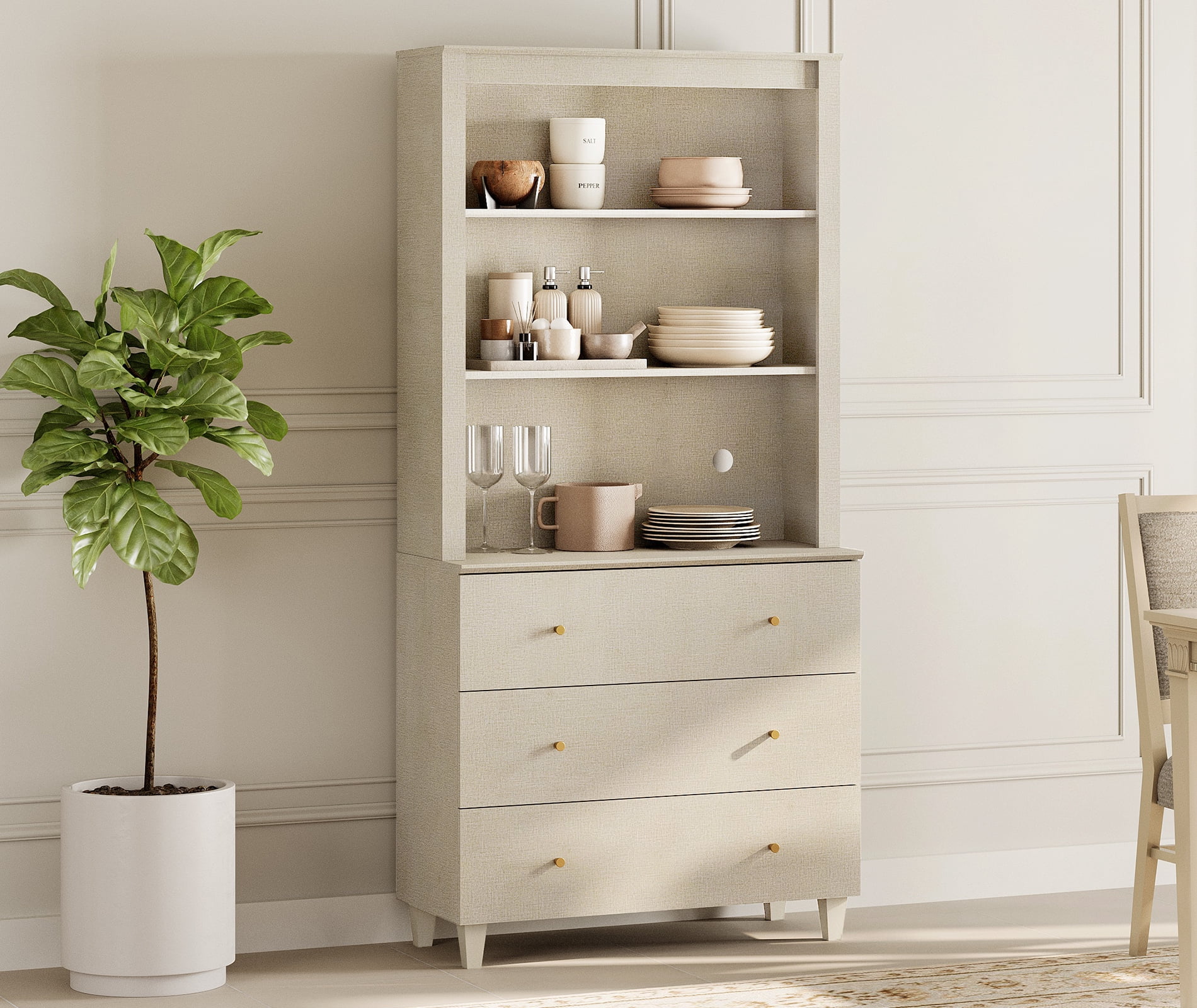 WAMPAT Modern 71" Tall Pantry Cabinet with 3 Smooth-Glide Drawers & Adjustable Shelf for Dining Room, Beige Linen Printed