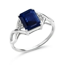 Gem Stone King 2.48 Cttw Blue Sapphire and White Diamond 3-Stone Ring for Women | 925 Sterling Silver | Gemstone Birthstone | Emerald Cut 9X7MM and Round 2MM (Size 6)