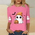 thumbnail image 2 of Women's Funny Halloween T-shirts 3/4 Sleeve Round Neck Ghost Graphic Printed Casual Tees Holiday Tops Plus Size (S, Pink 02), 2 of 3