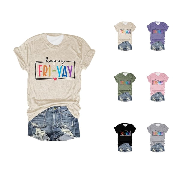 Happy Friday Teacher Womens Tshirts 2026 Summer Fashionable Short Sleeve Crewneck Funny Friday Weekend Graphic Tees