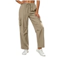 thumbnail image 2 of Women's Soft Fabric Drawstring Waist Casual Pants, Tummy Control Solid Color Cotton Blend, Loose Fit with Functional Side Pockets, Mid Waist Blouson Pull-On Trousers for Summer, 2 of 6