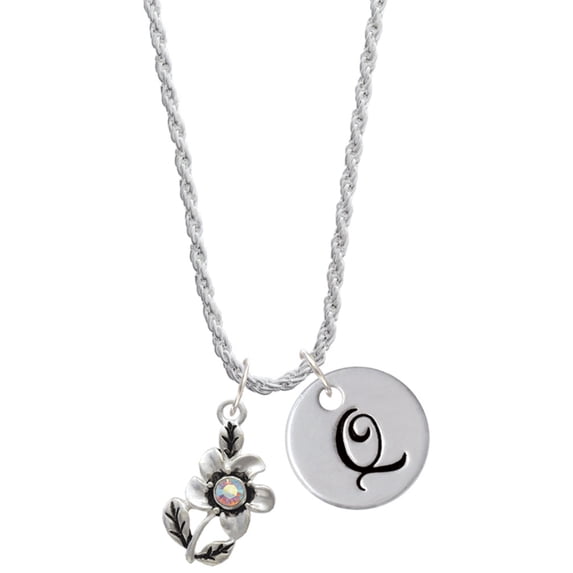 Delight Jewelry Silvertone Flower with AB Crystal Silvertone Script Initial Disc - Q - Charm Necklace, 20"+3"