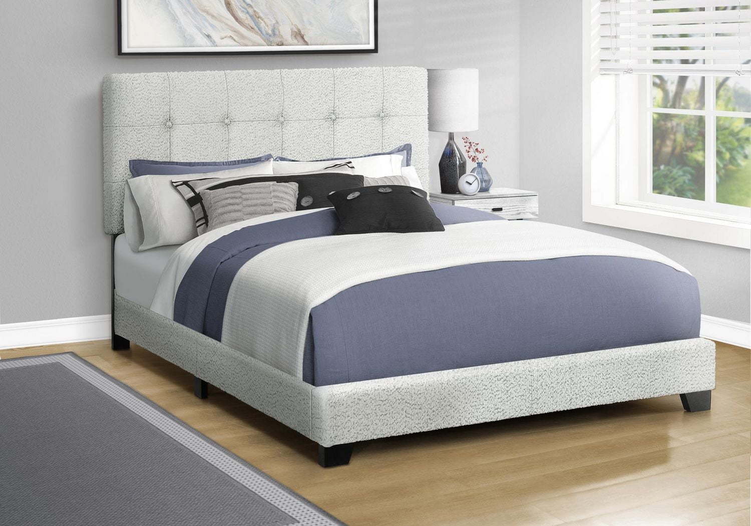 Monarch Specialties - Lit, Grand, Rembourré, Cadre Seulement, Chambre À Coucher, Boucle Gris Clair, Transitionnel