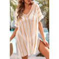 thumbnail image 2 of Tignapoo 2024 Summer Openwork Knit Beach Cover-Up Dress with Color Block Design, Loose Fit Bikini Sheer Tunic for Women, White, 2 of 6