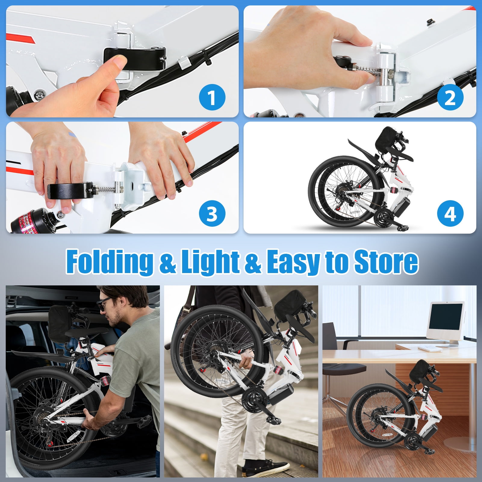 Elifine 500W 26" Electric Bike Folding Electric Mountain Bike for Adults, 22Mph, 48V 7.8Ah Battery Foldable Ebike, 21 Speed, Full Suspension Mountain E-bikes for Men Women with 5 Riding Modes, UL2849