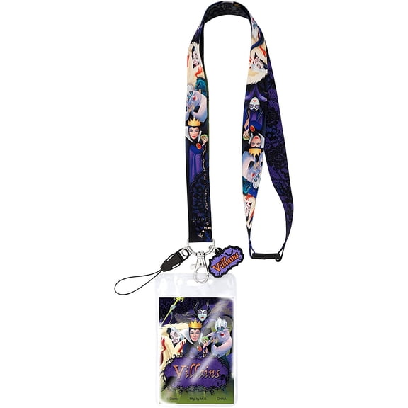 Disney Villains Lanyard  Multicolor Badge Holder with Charm & Detachable Clip, Features Maleficent, Ursula, Evil Queen & More