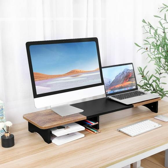 Peggybuy Dual Monitor Stand with Storage 2 Monitor Riser Stand Multi-Purpose Desk Organizer Shelf for Computer Laptop Printer TV