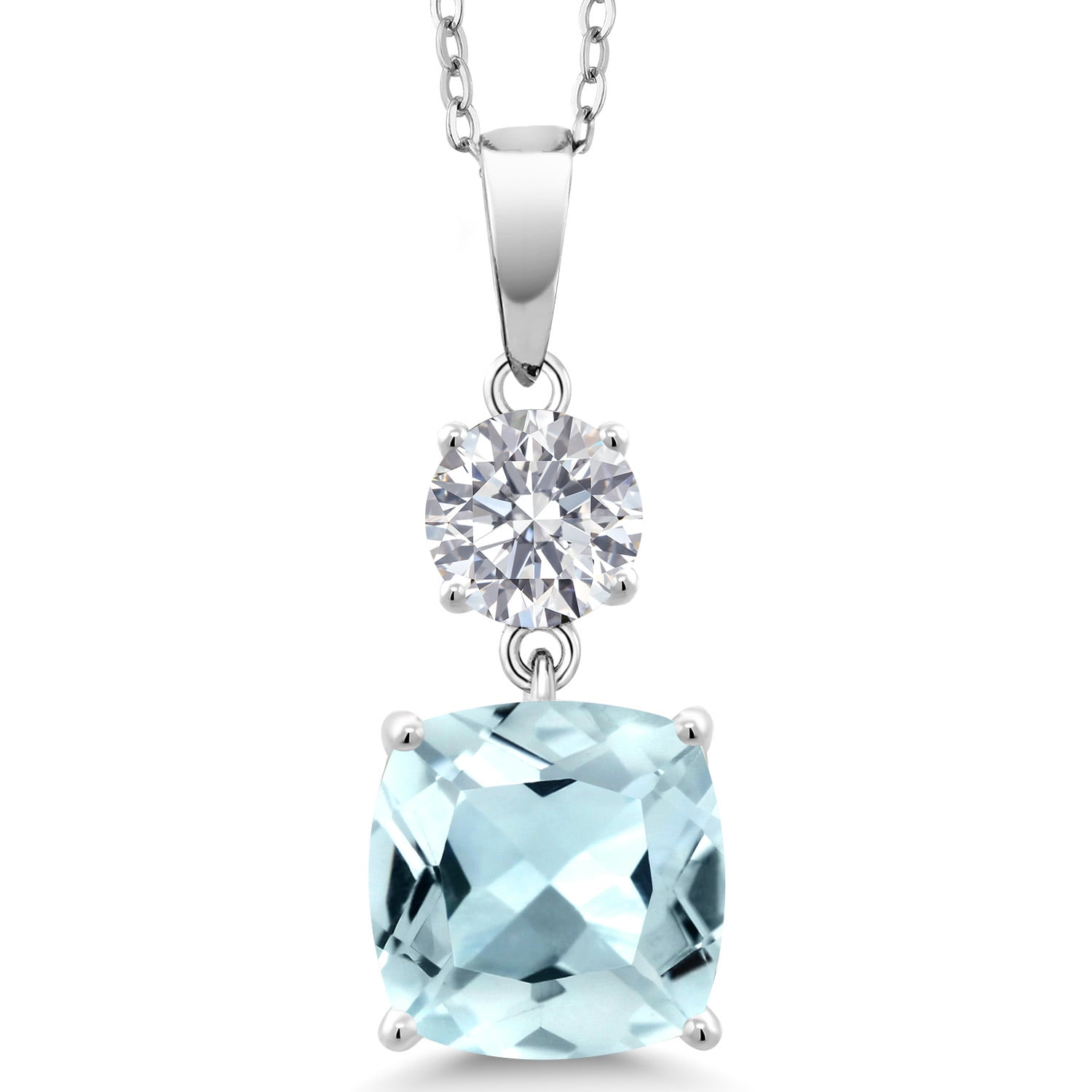 Gem Stone King 925 Sterling Silver Sky Blue Simulated Aquamarine and Lab Grown Diamond Pendant for Women | 4.54 Cttw | Gemstone March Birthstone | Cushion 10MM