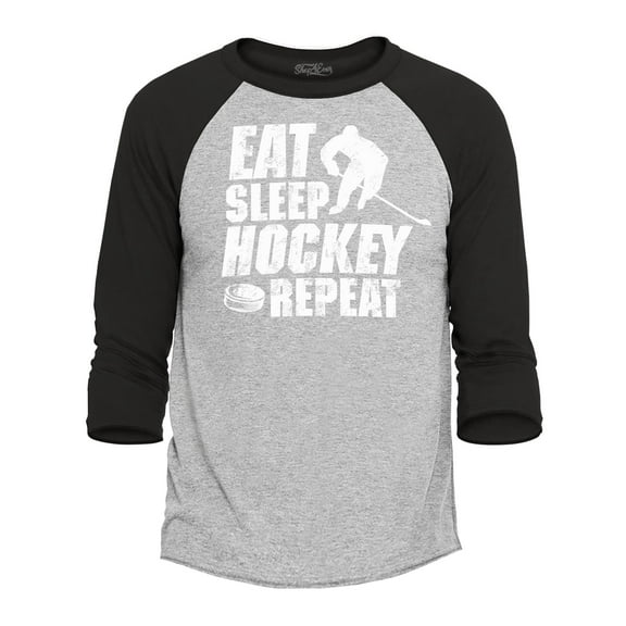 Shop4Ever Men's Eat Sleep Hockey Repeat  Raglan Baseball Shirt Small Heather Grey/Black